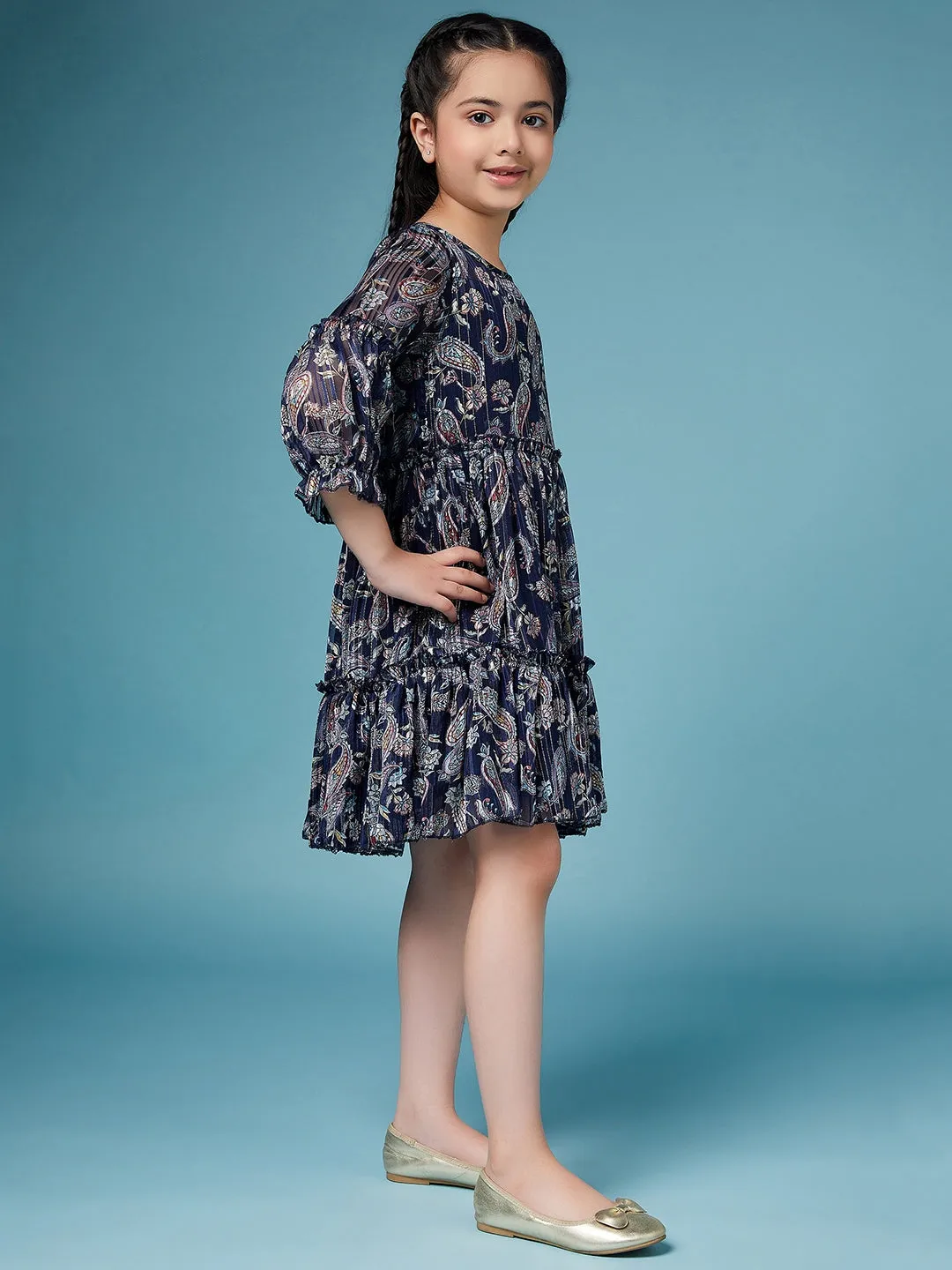 Girls Ethnic Motifs Printed Georgette A-Line Dress