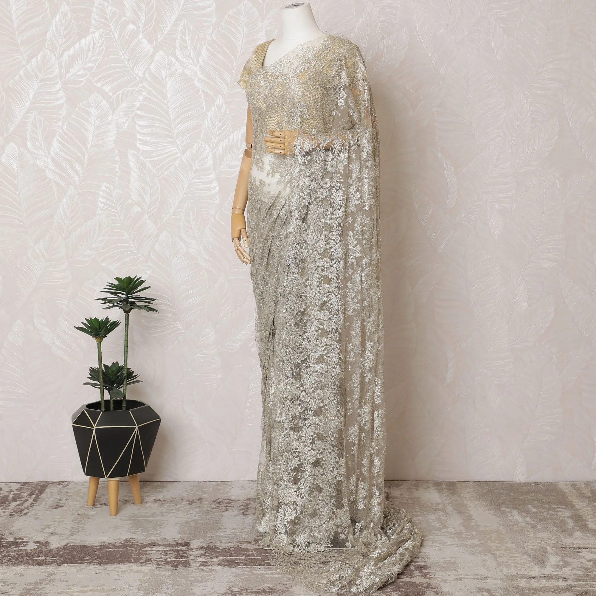 Golden Elegance French Metallic Chantilly Lace Saree with Intricate Stone Work, 110cm Wide - 5.5m Piece-D18839
