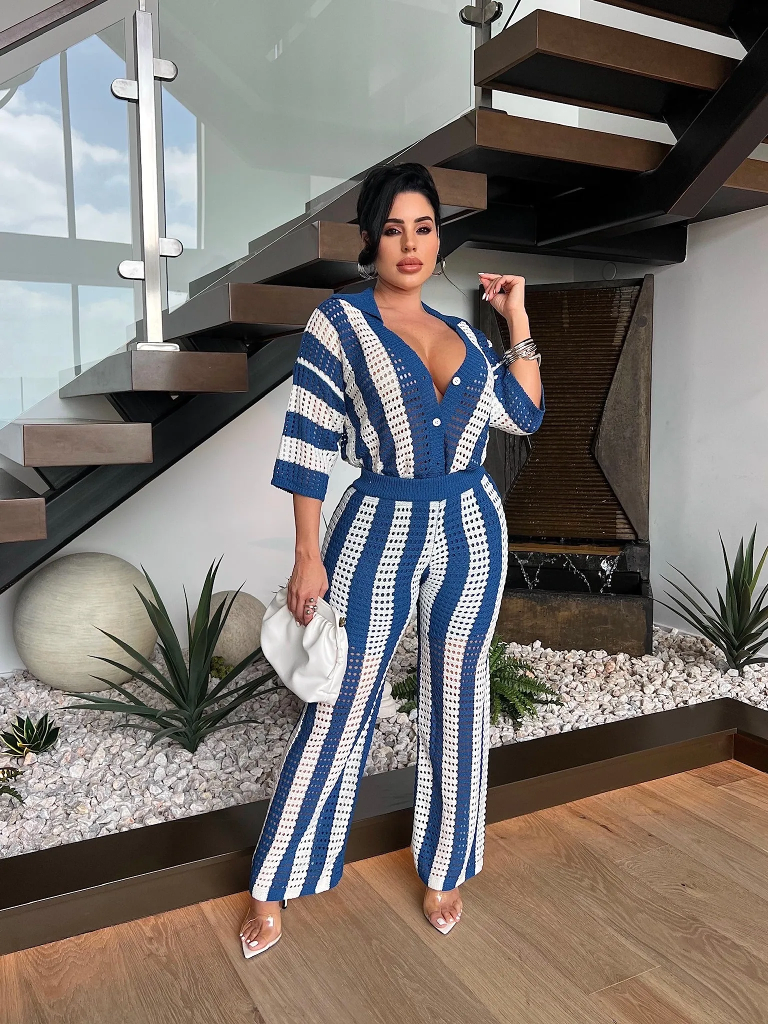 Good Summer Knit  Pant Set Blue