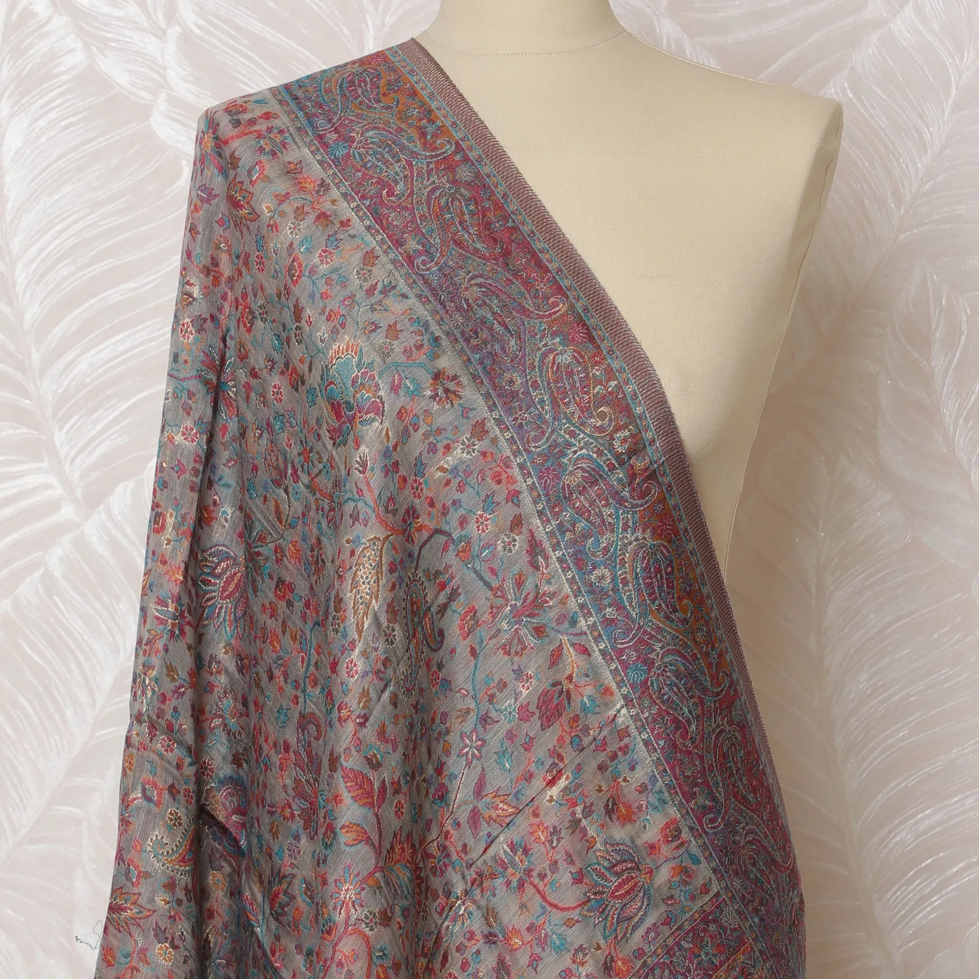Gray and Blue Paisley Silk Jacquard Dupatta with Fringed Edges – 235 X 95 Cms, India-D20302