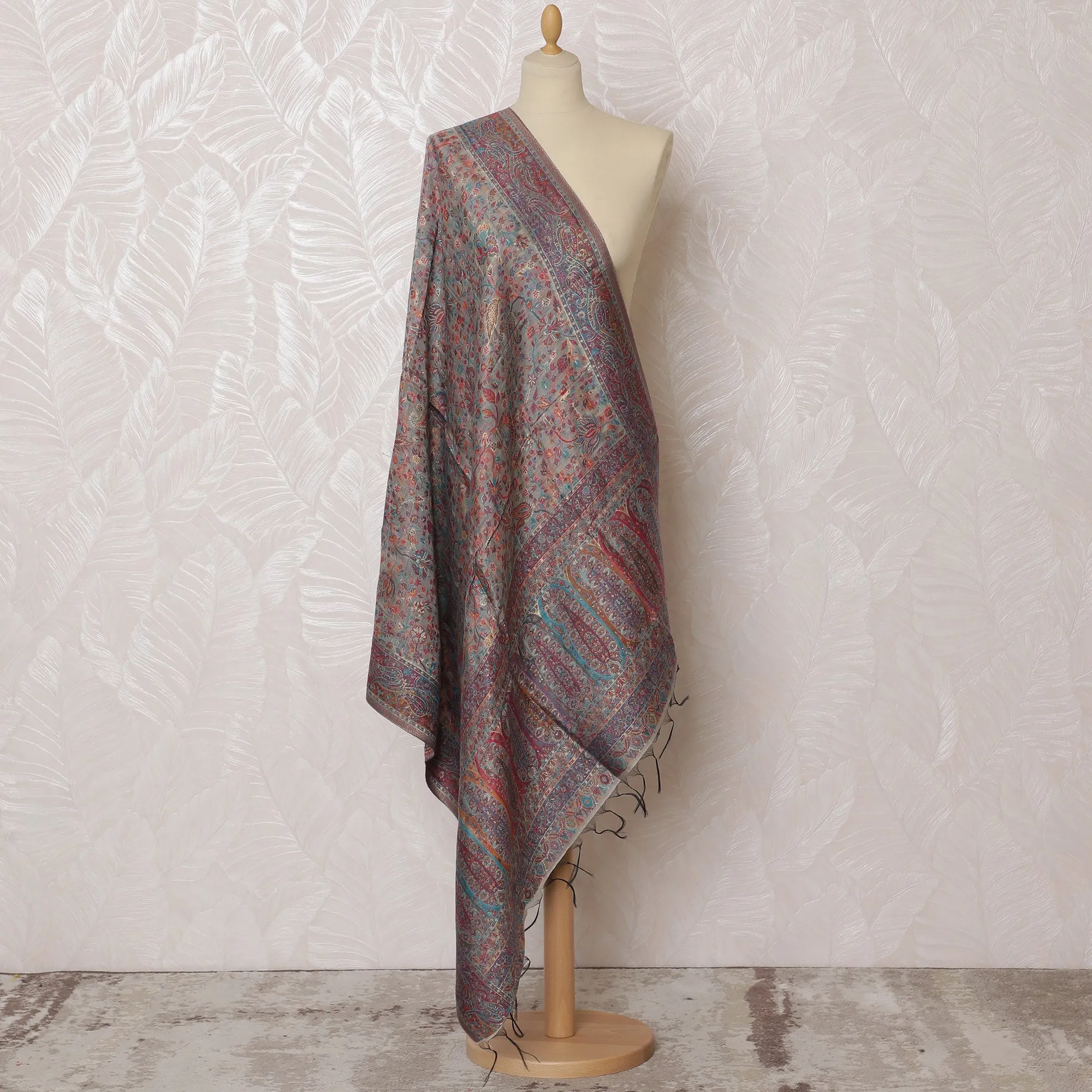 Gray and Blue Paisley Silk Jacquard Dupatta with Fringed Edges – 235 X 95 Cms, India-D20302