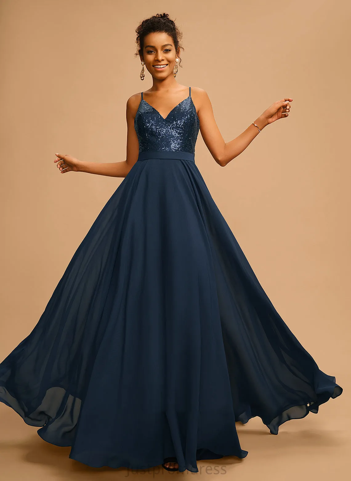 Halle A-Line Chiffon With Floor-Length V-neck Prom Dresses Sequins