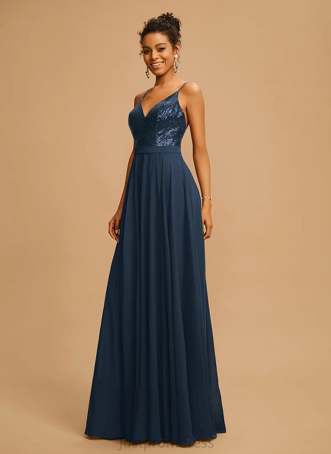Halle A-Line Chiffon With Floor-Length V-neck Prom Dresses Sequins
