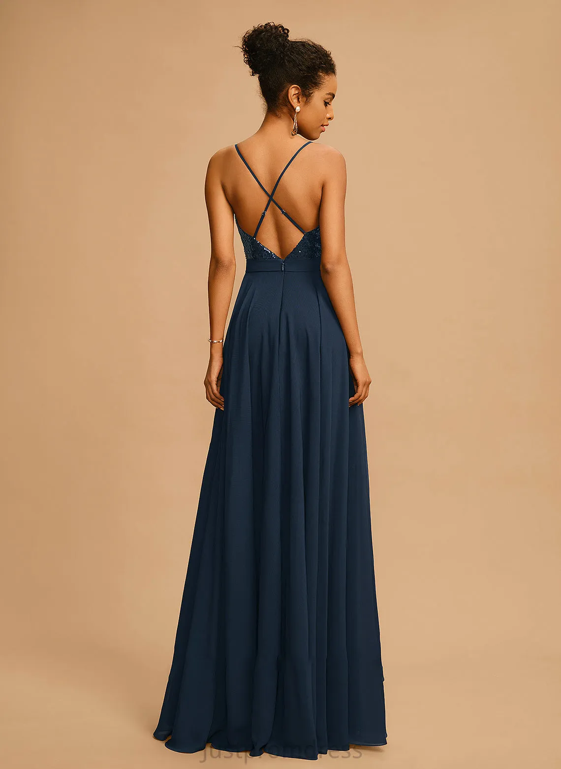 Halle A-Line Chiffon With Floor-Length V-neck Prom Dresses Sequins
