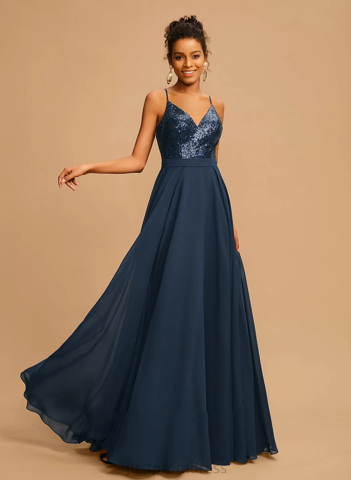 Halle A-Line Chiffon With Floor-Length V-neck Prom Dresses Sequins
