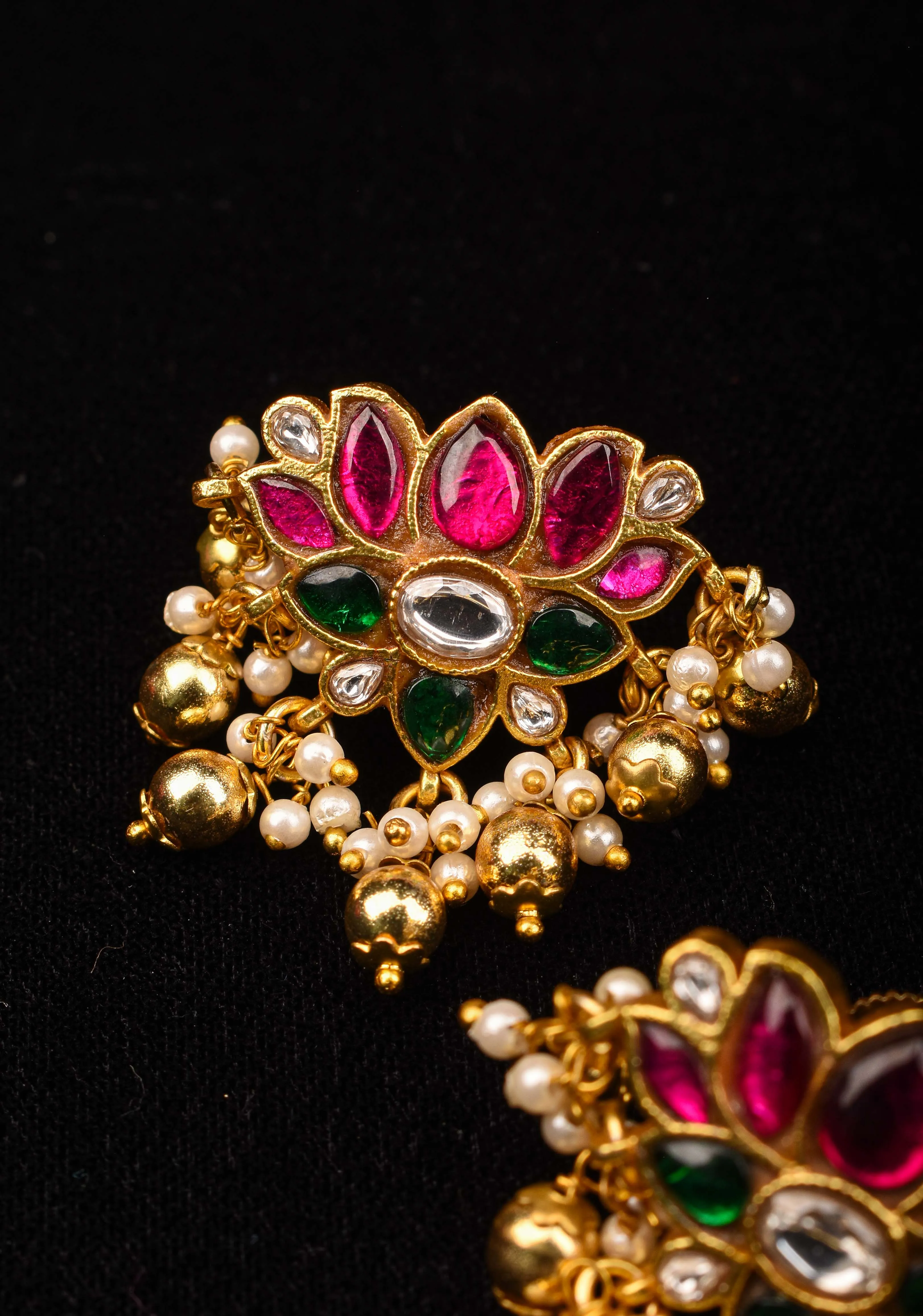 Jadau Blooming Lotus Earrings with Kundan stones and dangling beads | Shobitam Jewelry
