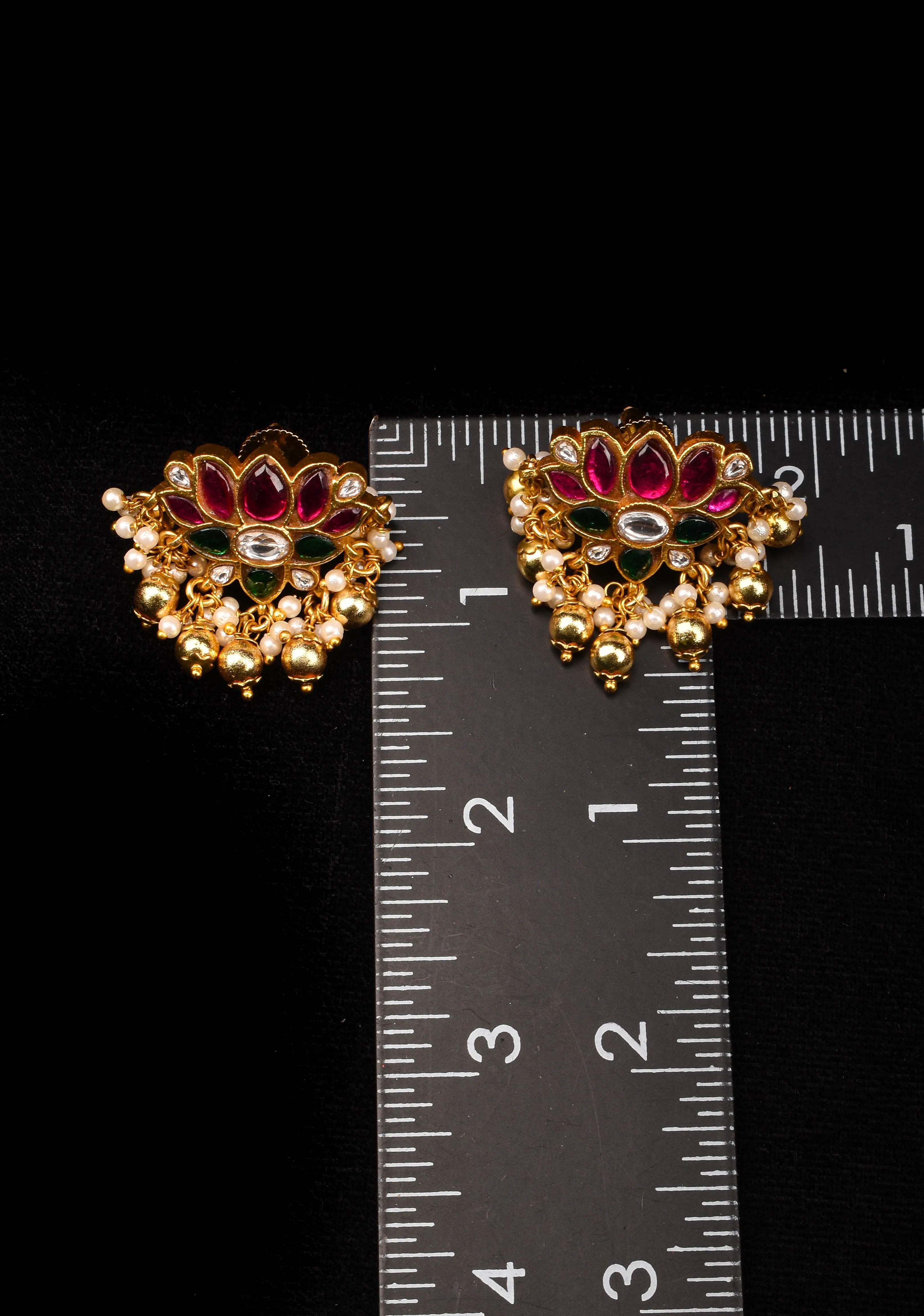 Jadau Blooming Lotus Earrings with Kundan stones and dangling beads | Shobitam Jewelry