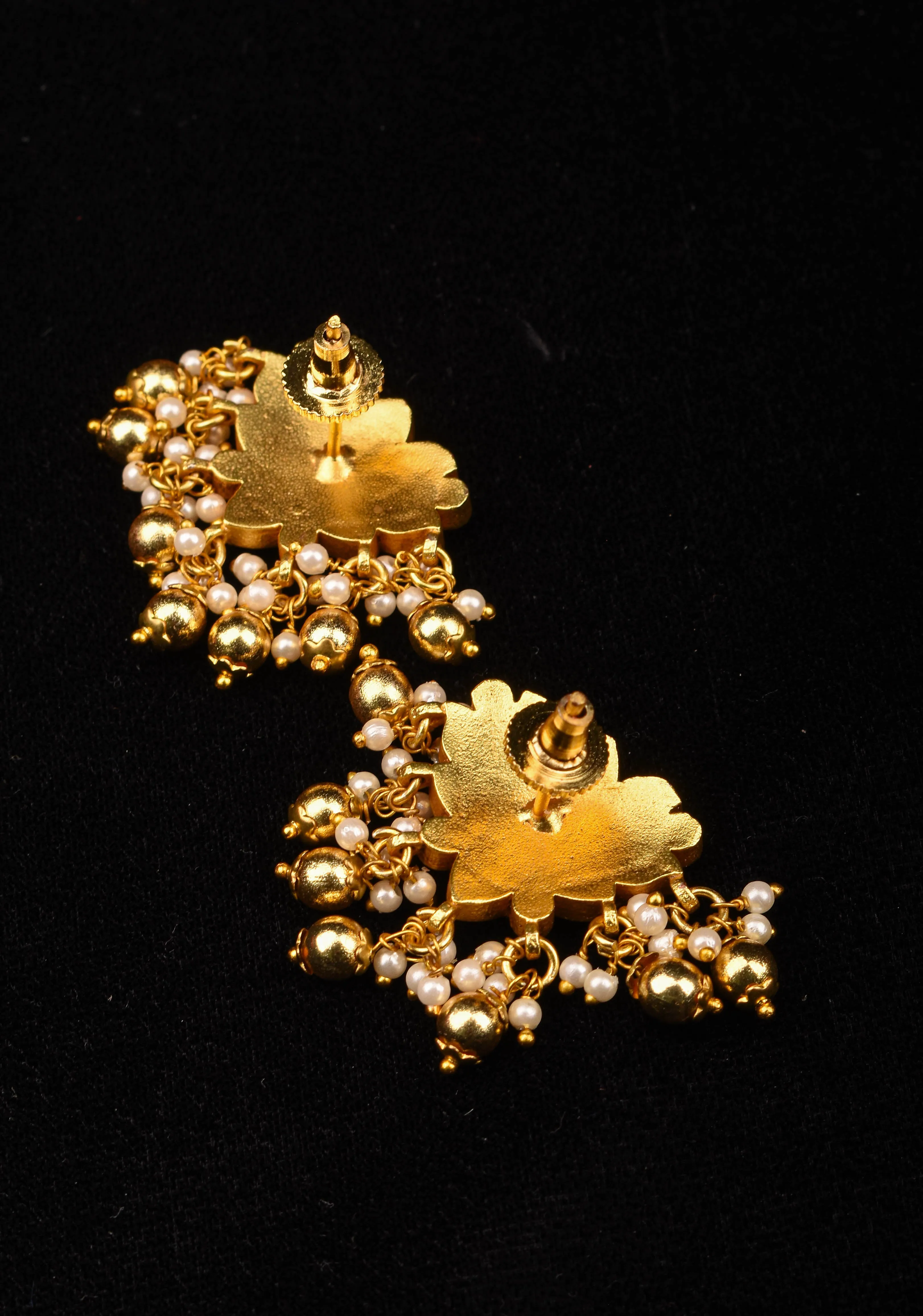 Jadau Blooming Lotus Earrings with Kundan stones and dangling beads | Shobitam Jewelry