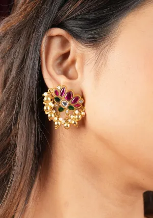 Jadau Blooming Lotus Earrings with Kundan stones and dangling beads | Shobitam Jewelry