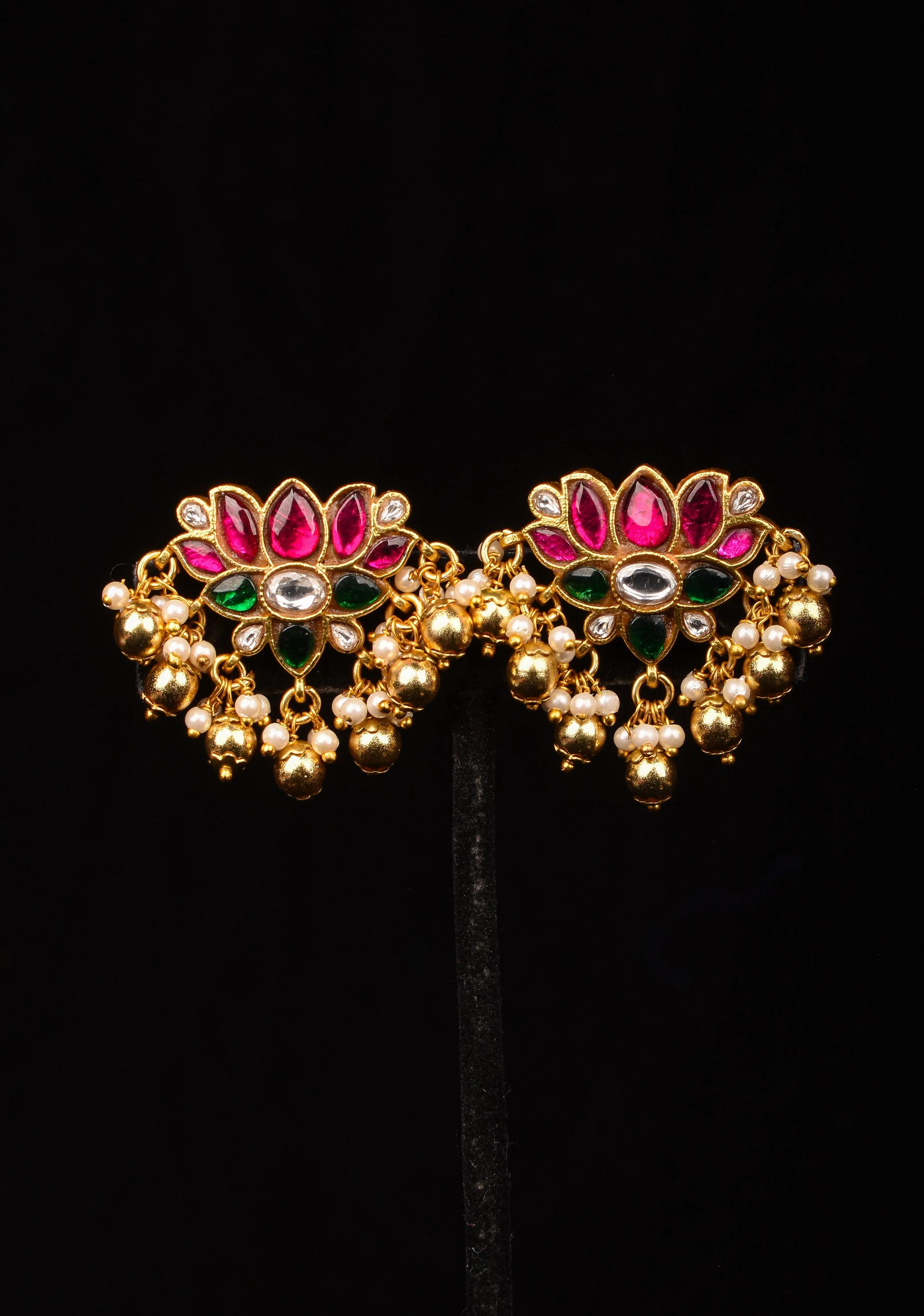 Jadau Blooming Lotus Earrings with Kundan stones and dangling beads | Shobitam Jewelry