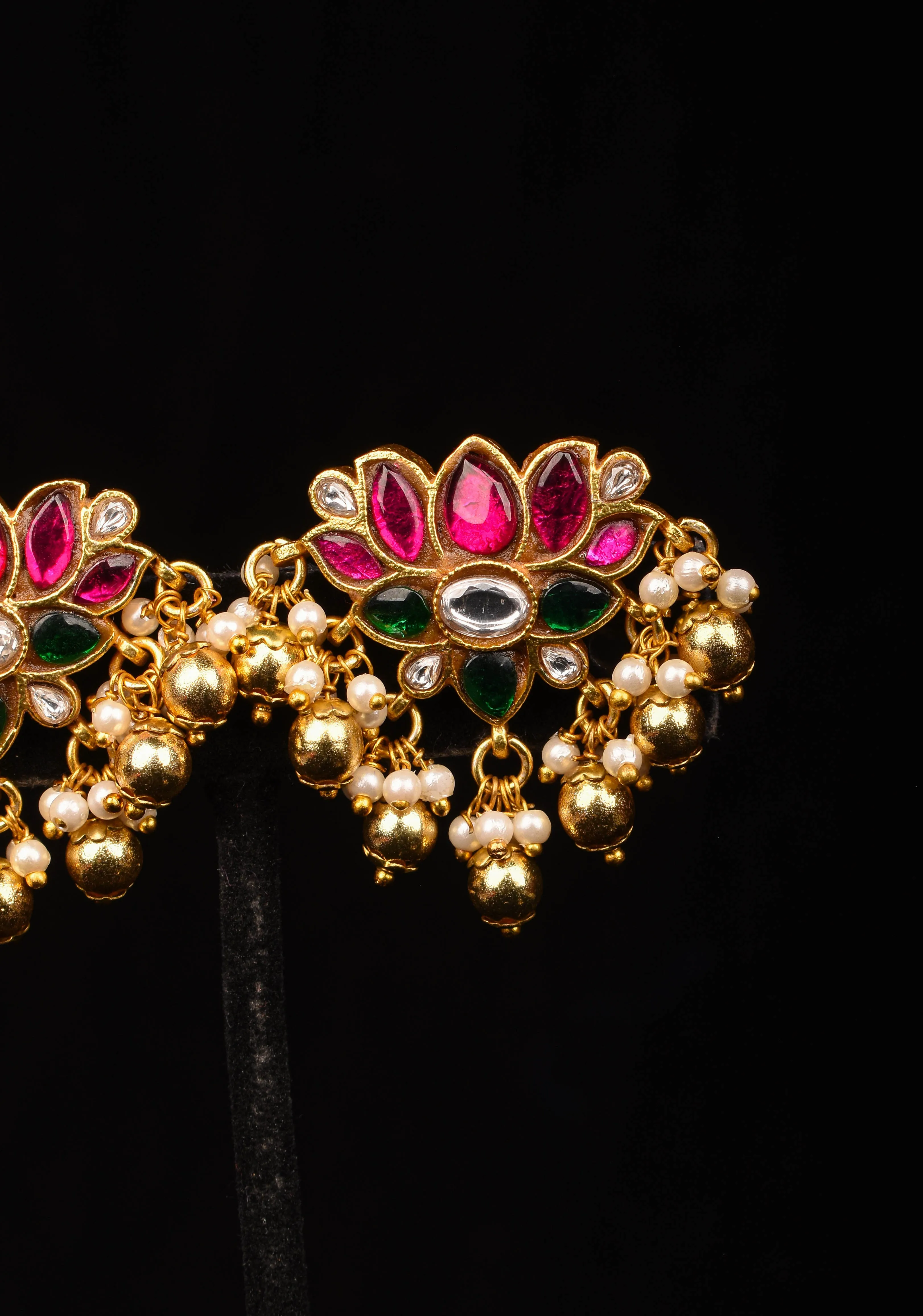Jadau Blooming Lotus Earrings with Kundan stones and dangling beads | Shobitam Jewelry