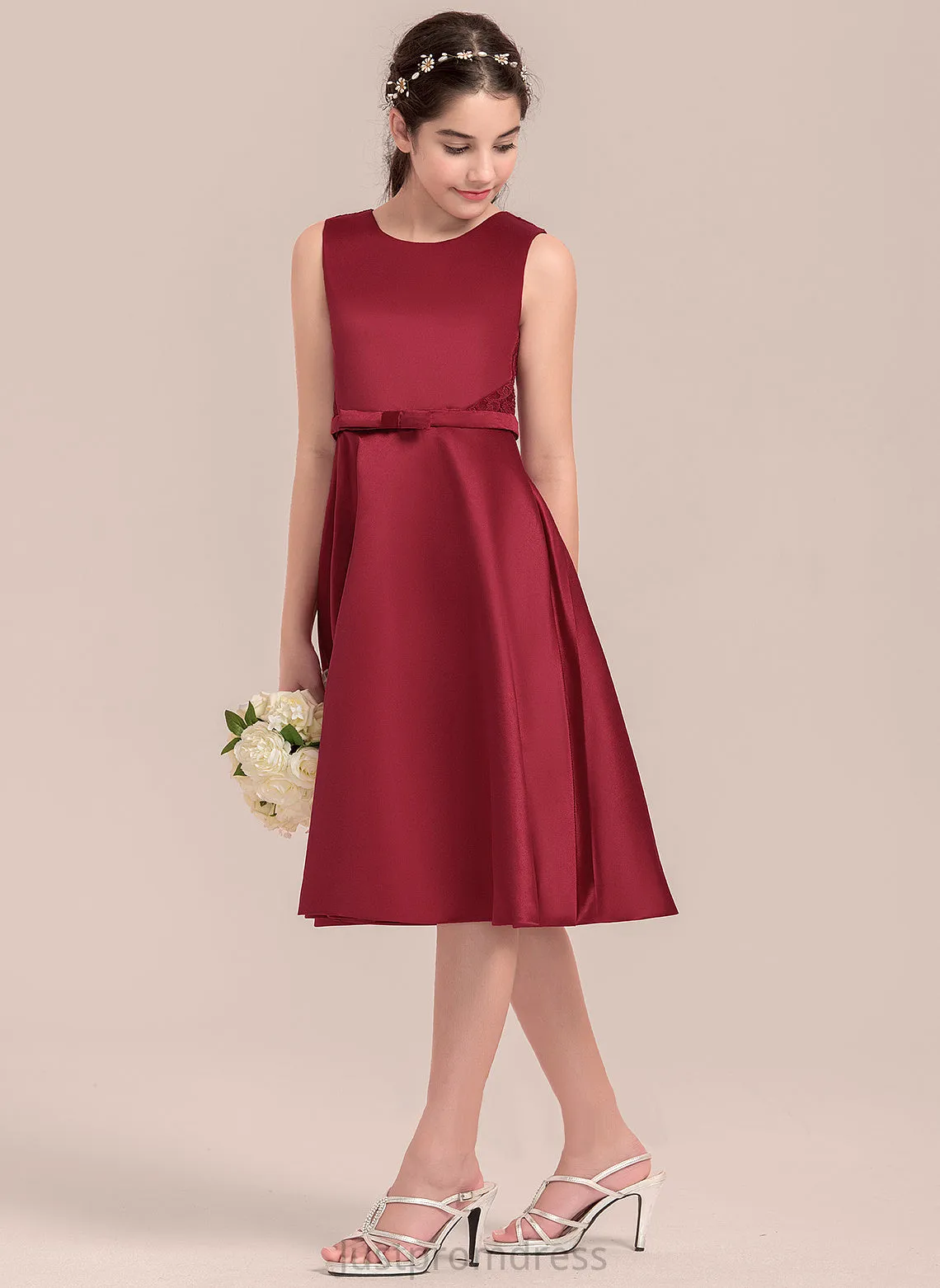 Knee-Length Junior Bridesmaid Dresses Satin Diana A-Line Bow(s) Scoop With Neck Lace