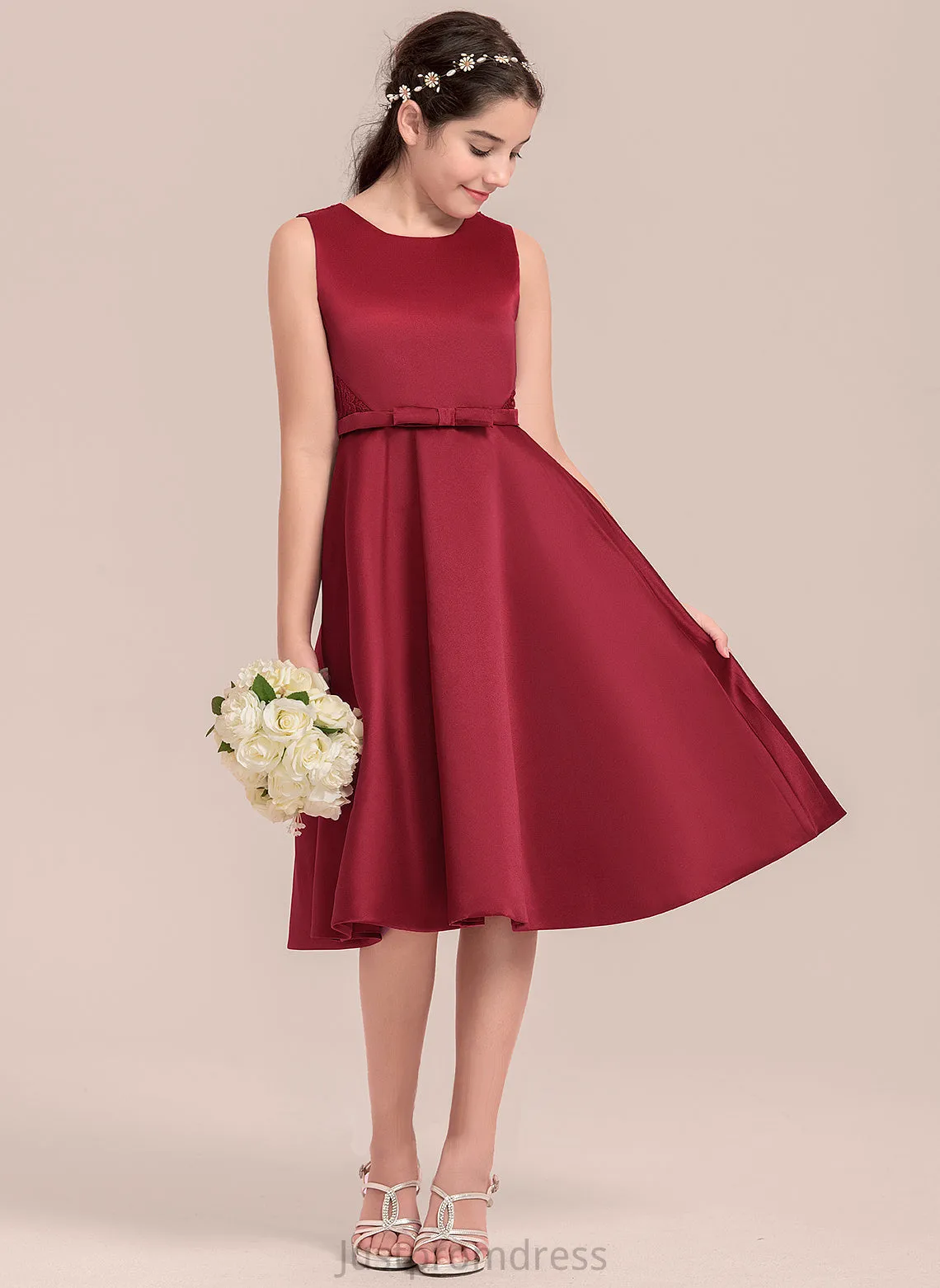 Knee-Length Junior Bridesmaid Dresses Satin Diana A-Line Bow(s) Scoop With Neck Lace