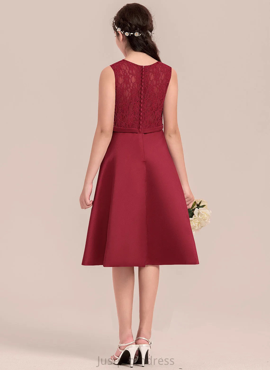 Knee-Length Junior Bridesmaid Dresses Satin Diana A-Line Bow(s) Scoop With Neck Lace