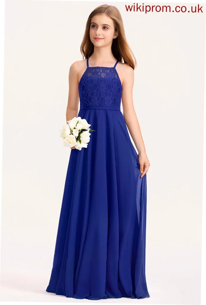 Lace Junior Bridesmaid Dresses Square Chiffon Chasity Neckline A-Line Floor-Length