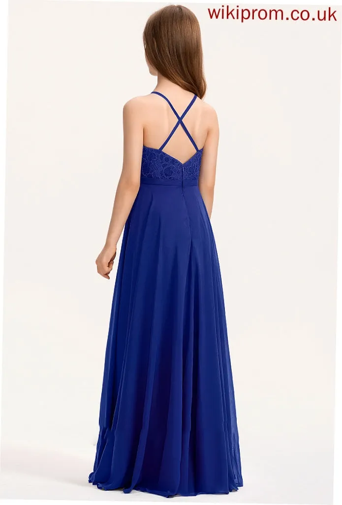 Lace Junior Bridesmaid Dresses Square Chiffon Chasity Neckline A-Line Floor-Length