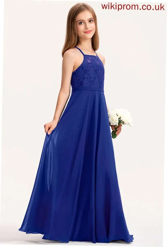 Lace Junior Bridesmaid Dresses Square Chiffon Chasity Neckline A-Line Floor-Length