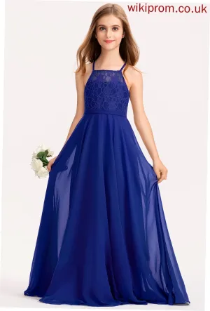 Lace Junior Bridesmaid Dresses Square Chiffon Chasity Neckline A-Line Floor-Length