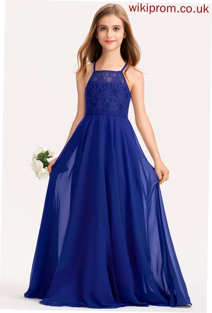 Lace Junior Bridesmaid Dresses Square Chiffon Chasity Neckline A-Line Floor-Length