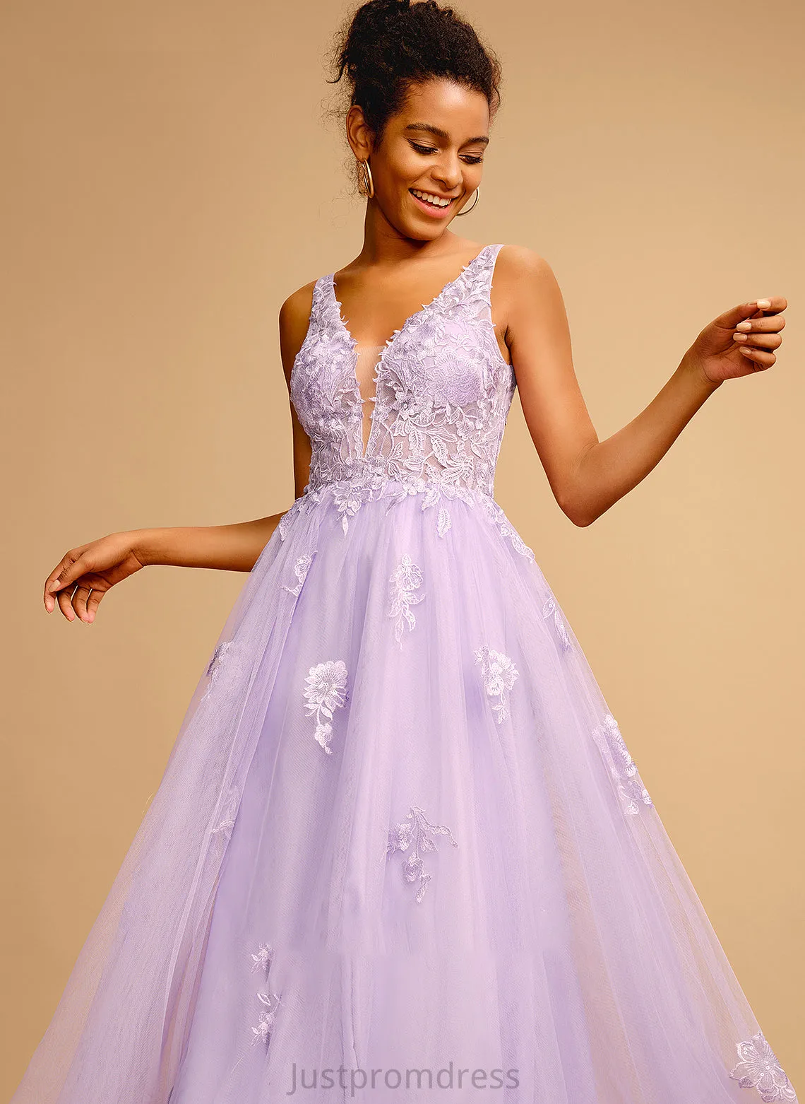 Lace With Ball-Gown/Princess Tulle Floor-Length Prom Dresses Dixie V-neck