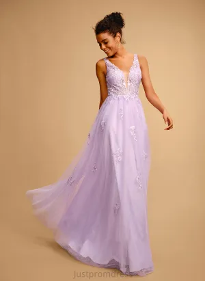 Lace With Ball-Gown/Princess Tulle Floor-Length Prom Dresses Dixie V-neck