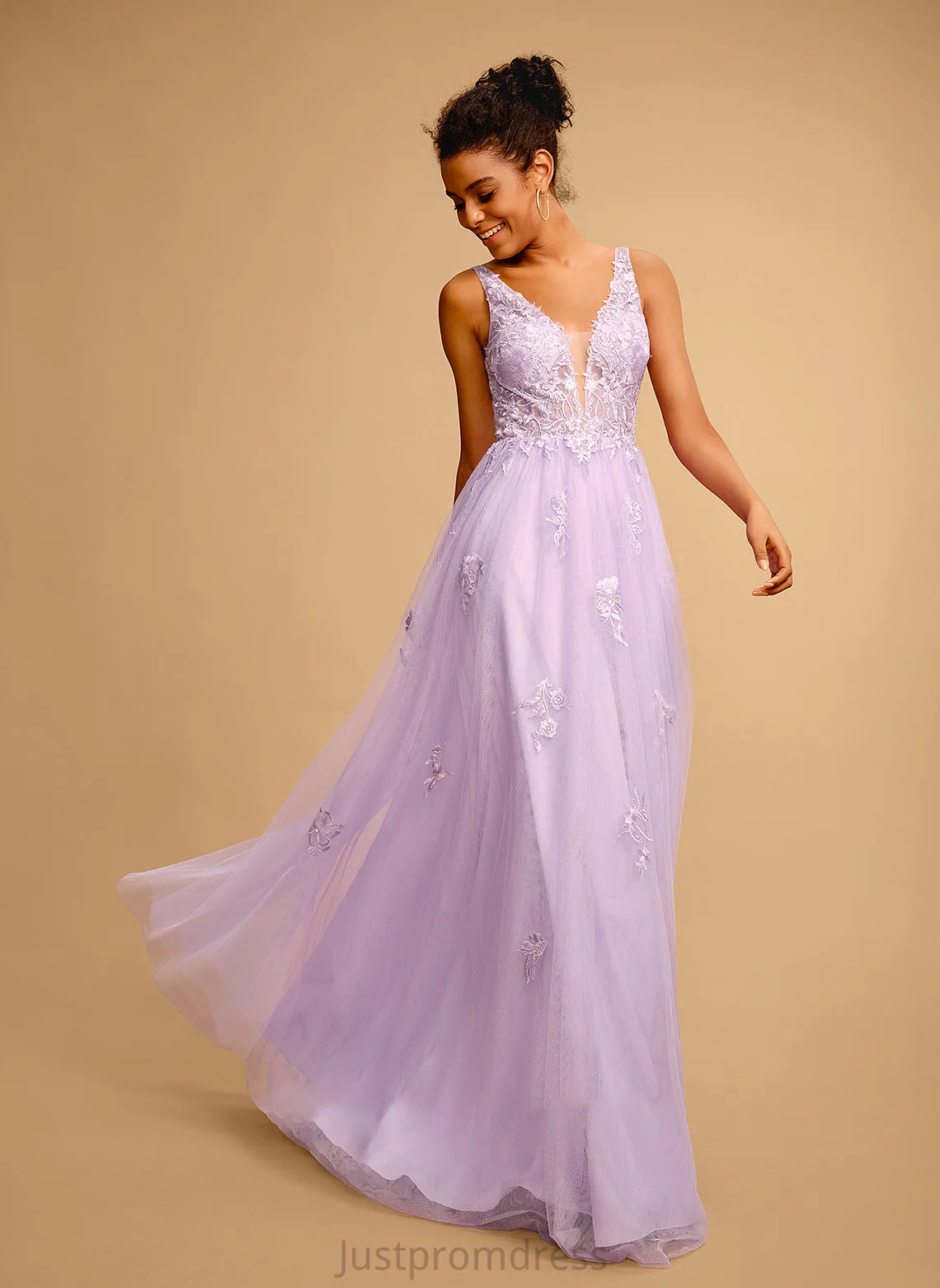 Lace With Ball-Gown/Princess Tulle Floor-Length Prom Dresses Dixie V-neck