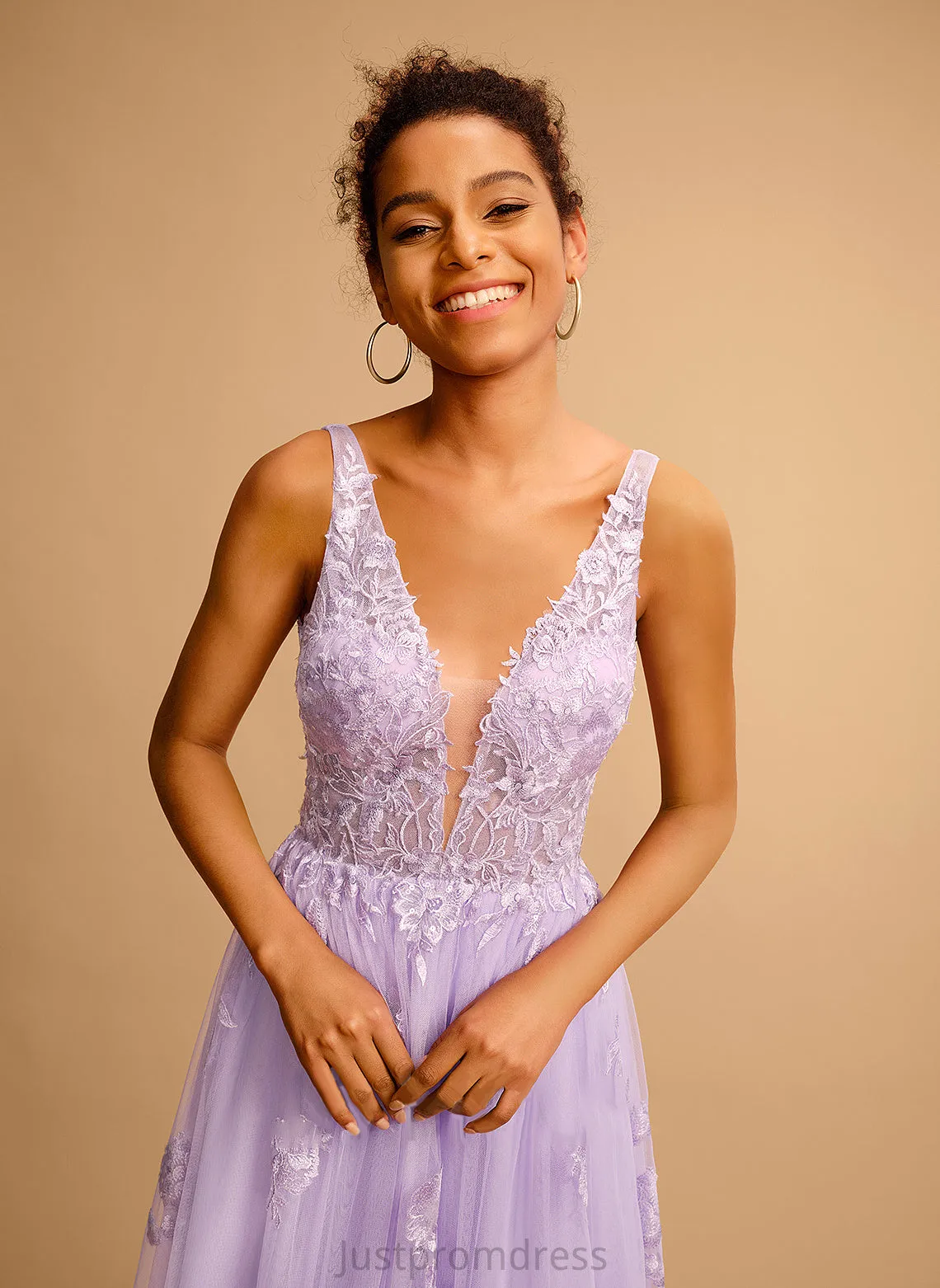 Lace With Ball-Gown/Princess Tulle Floor-Length Prom Dresses Dixie V-neck