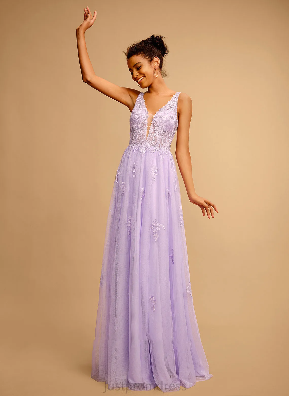 Lace With Ball-Gown/Princess Tulle Floor-Length Prom Dresses Dixie V-neck