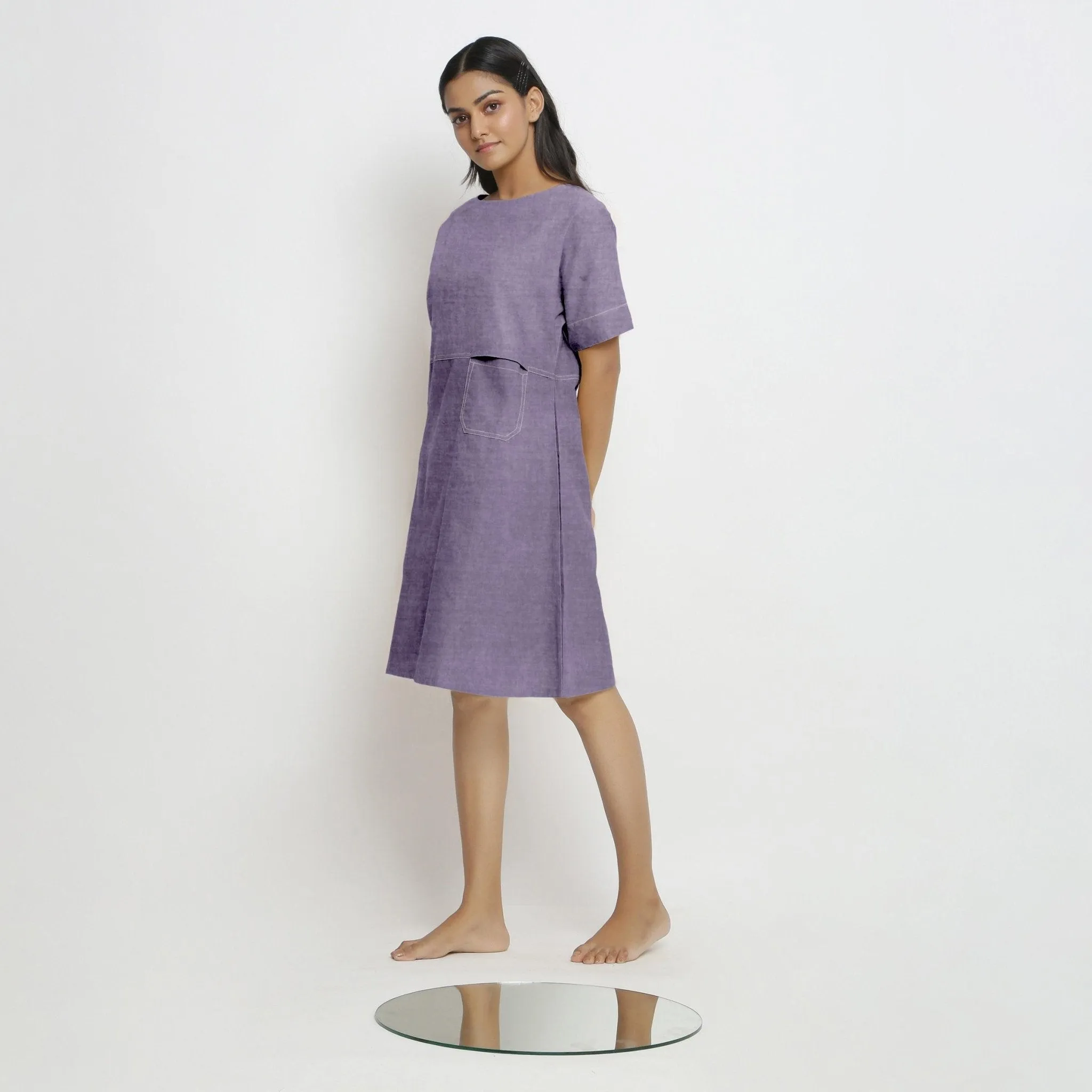 Lavender 100% Linen Knee Length Yoked Dress