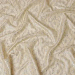 Luxurious beige Tussar Silk Fabric with Silver Zari Embroidery, 110cm Wide-D18967