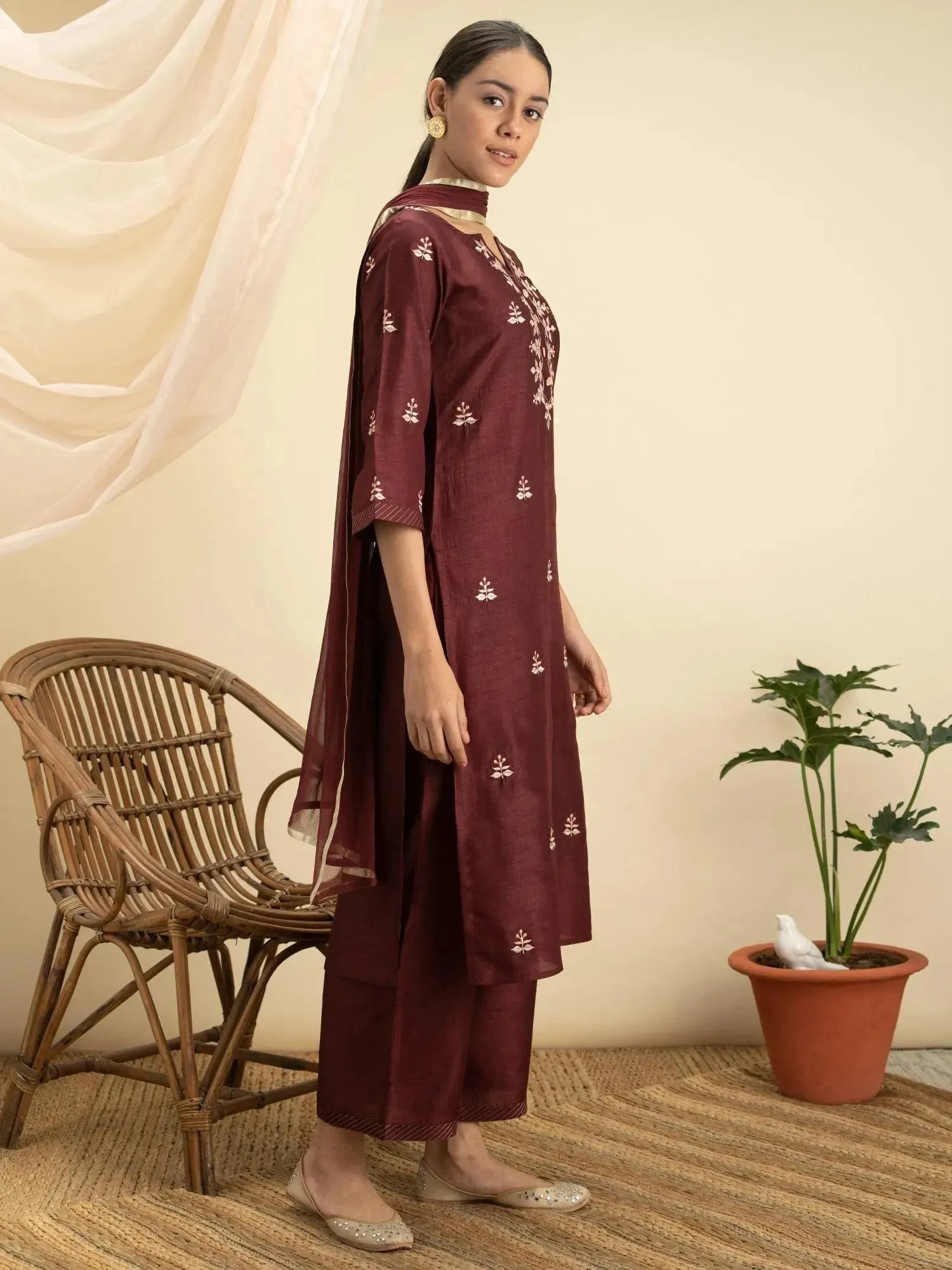 Maroon Embroidered Silk Straight Kurta With Palazzos & Dupatta