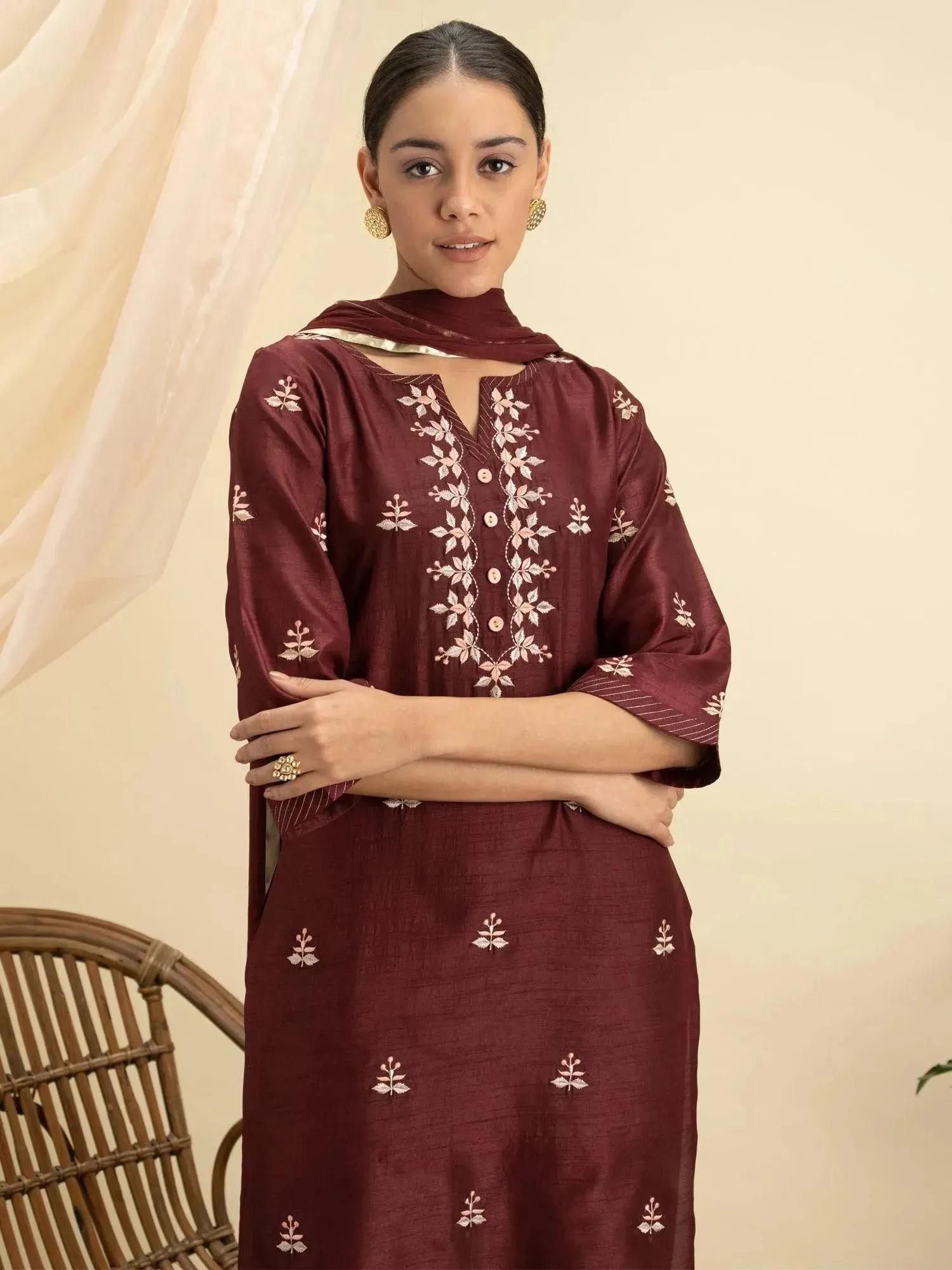 Maroon Embroidered Silk Straight Kurta With Palazzos & Dupatta