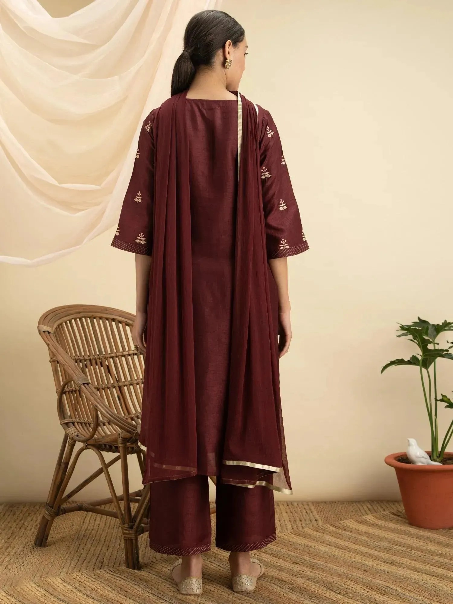 Maroon Embroidered Silk Straight Kurta With Palazzos & Dupatta
