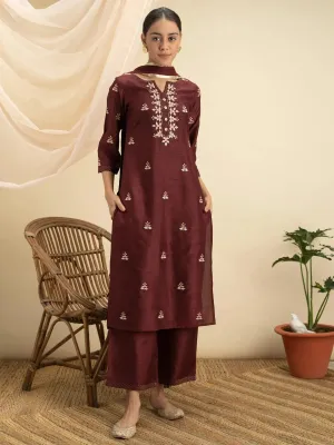 Maroon Embroidered Silk Straight Kurta With Palazzos & Dupatta