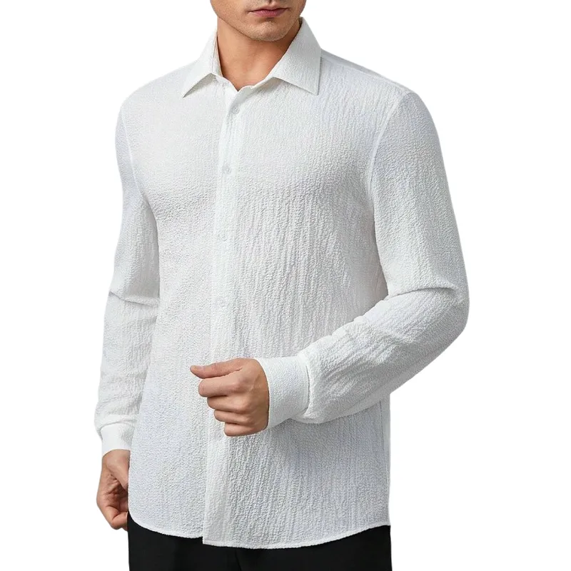 Men's Fashion Chiffon Texture Lapel Long Sleeve Shirt 74867500F