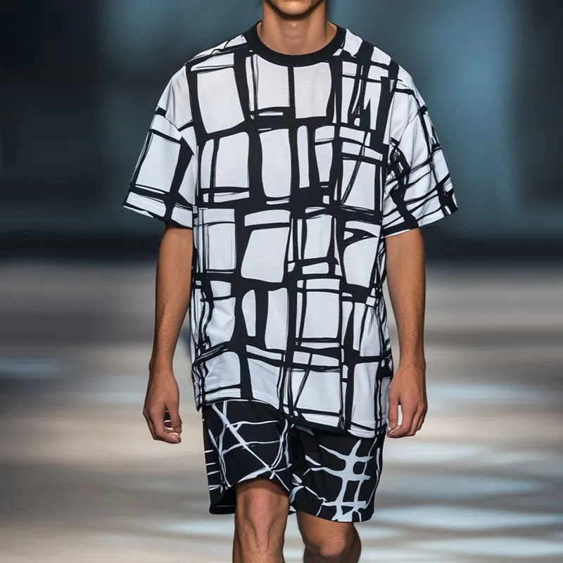 Men's Retro Casual Printed Round Neck Short Sleeve T-Shirt Two-Piece Set 58549626TO