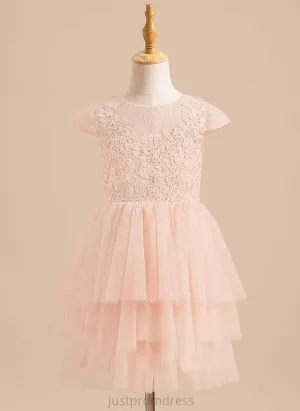 Neck Flower Girl Dresses Flower A-Line Girl Back Tulle Scoop - Sleeves Lace/V Kara Dress Short Knee-length With