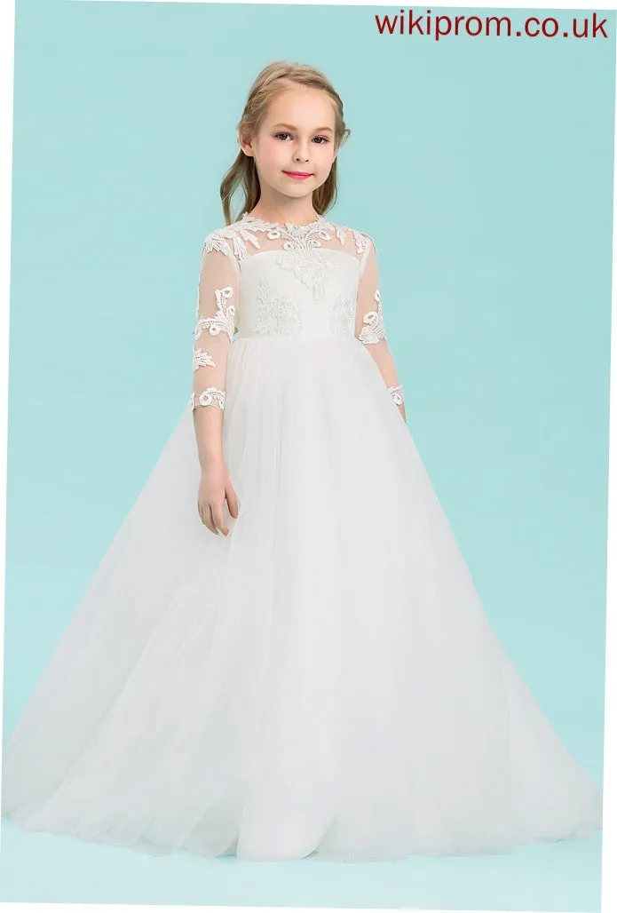 Neck Tulle Flower Girl Dresses Ball-Gown/Princess Scoop Dress - Sleeves Floor-length Girl 3/4 Flower Lilia
