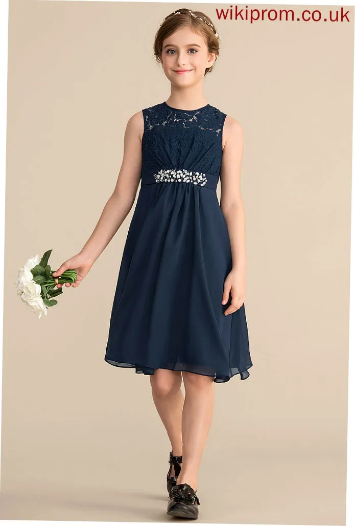 Neck With Sequins Scoop Chiffon Lace Bow(s) Jamiya Beading Junior Bridesmaid Dresses A-Line Knee-Length