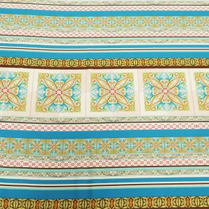 Nude, Red and Aqua Arabesque Printed Fabric
