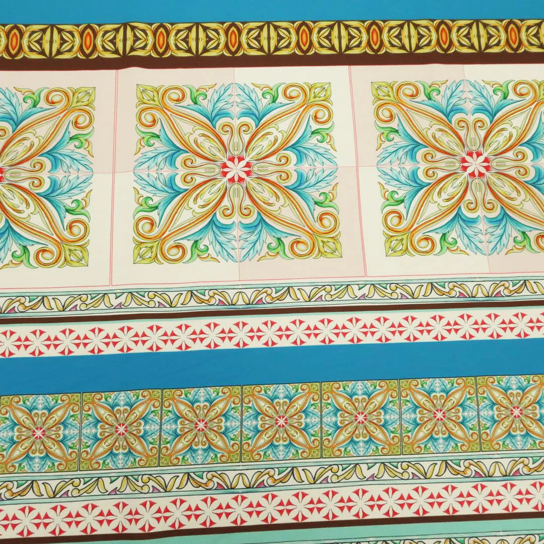 Nude, Red and Aqua Arabesque Printed Fabric