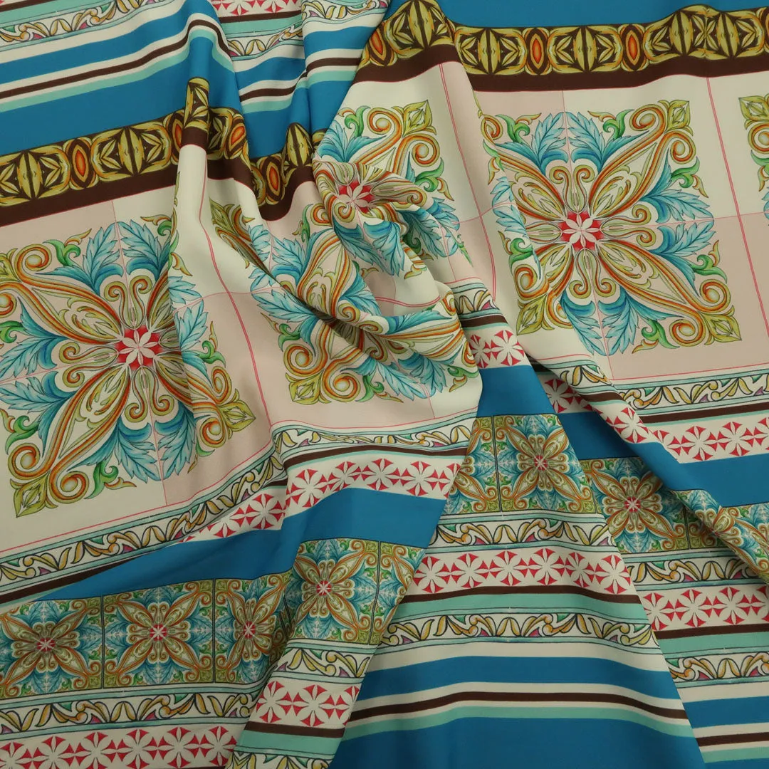 Nude, Red and Aqua Arabesque Printed Fabric