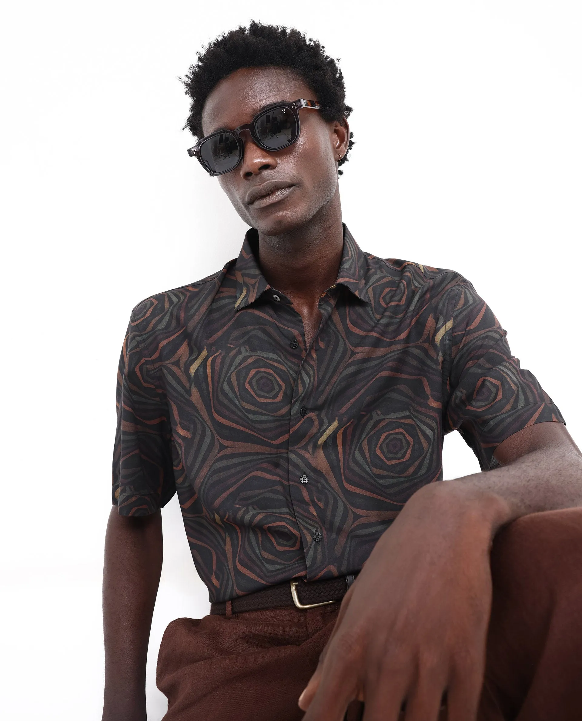 Rare Rabbit Men's Marfik Black Viscose Fabric Short Sleeve Boxy Fit Abstract Print Shirt