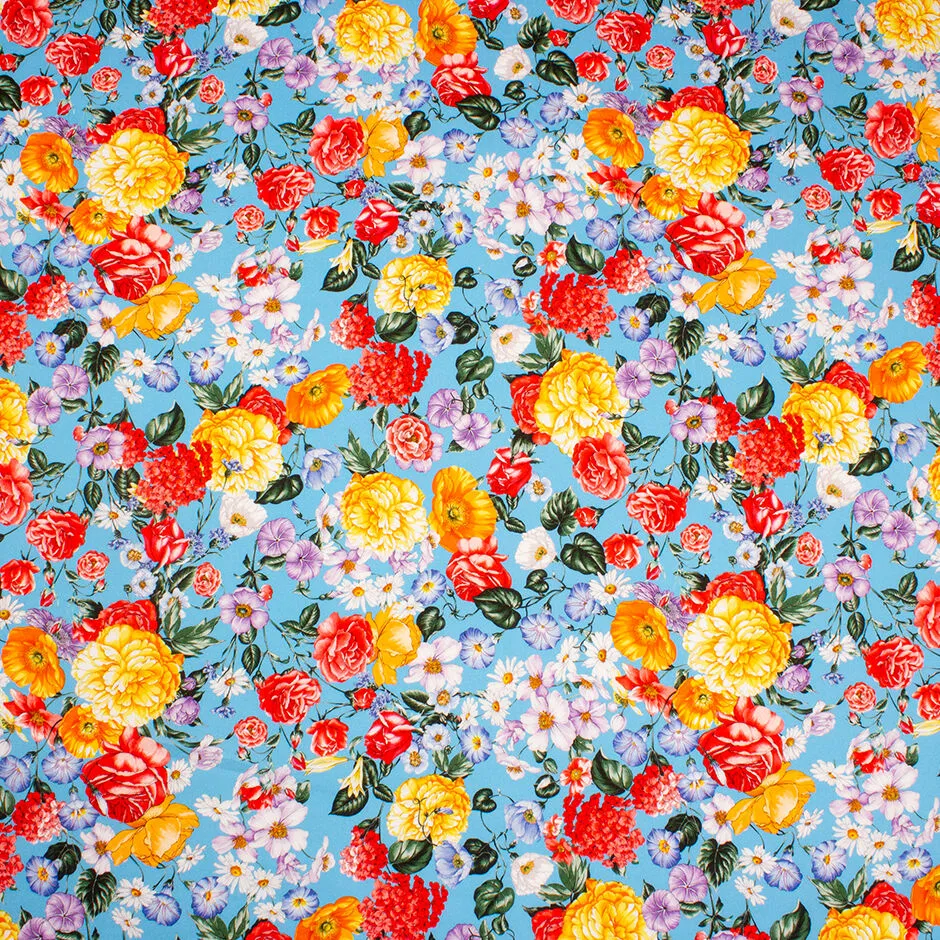 Red & Orange Floral Printed Sky Blue Luxury Cotton