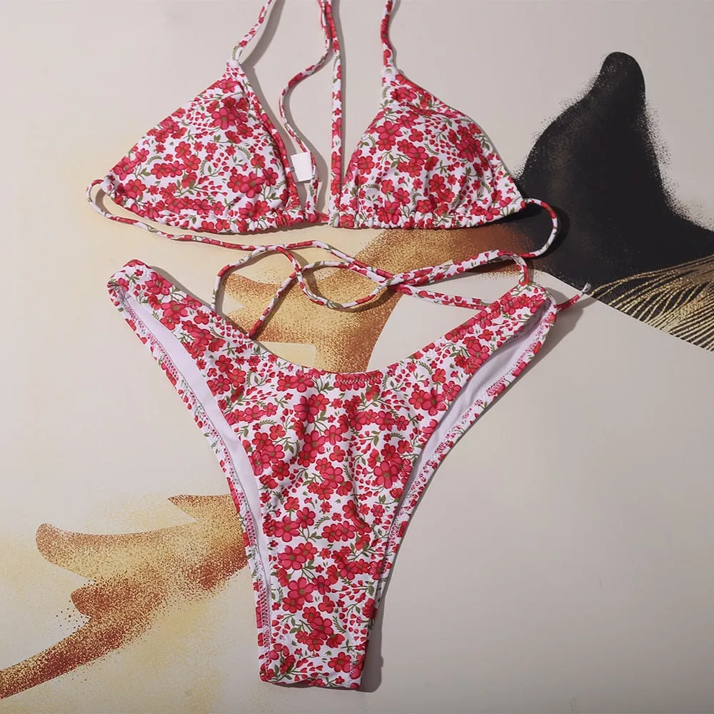 Red Floral Swimsuit For Women Front Tie Sexy Girls Bathing Wear Beach Suit
