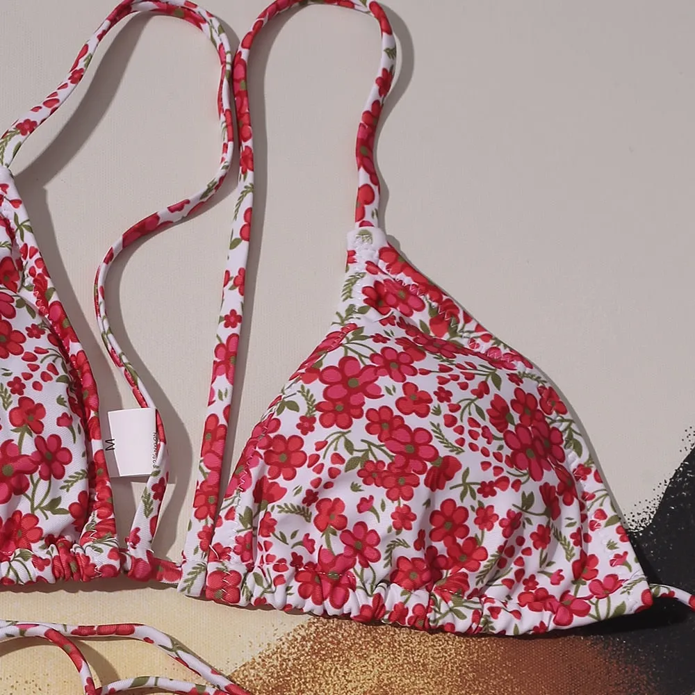 Red Floral Swimsuit For Women Front Tie Sexy Girls Bathing Wear Beach Suit