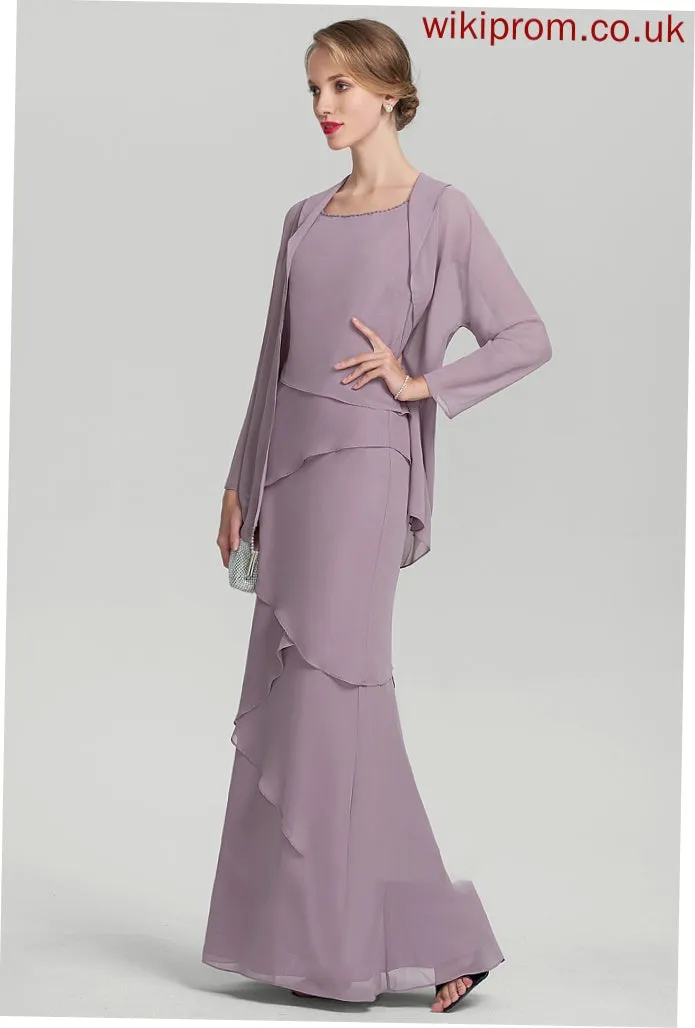 Ruffles Cascading the With Floor-Length Amaris Dress Beading Mother Bride of Scoop Chiffon Neck Mother of the Bride Dresses Sheath/Column