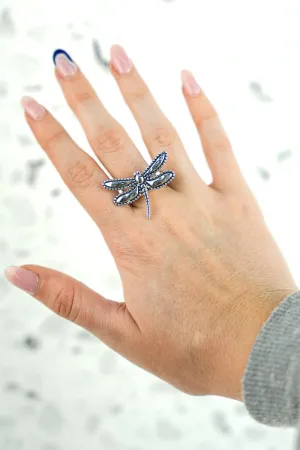 SALE! Silvertone Dot Trimmed Dragonfly Ring
