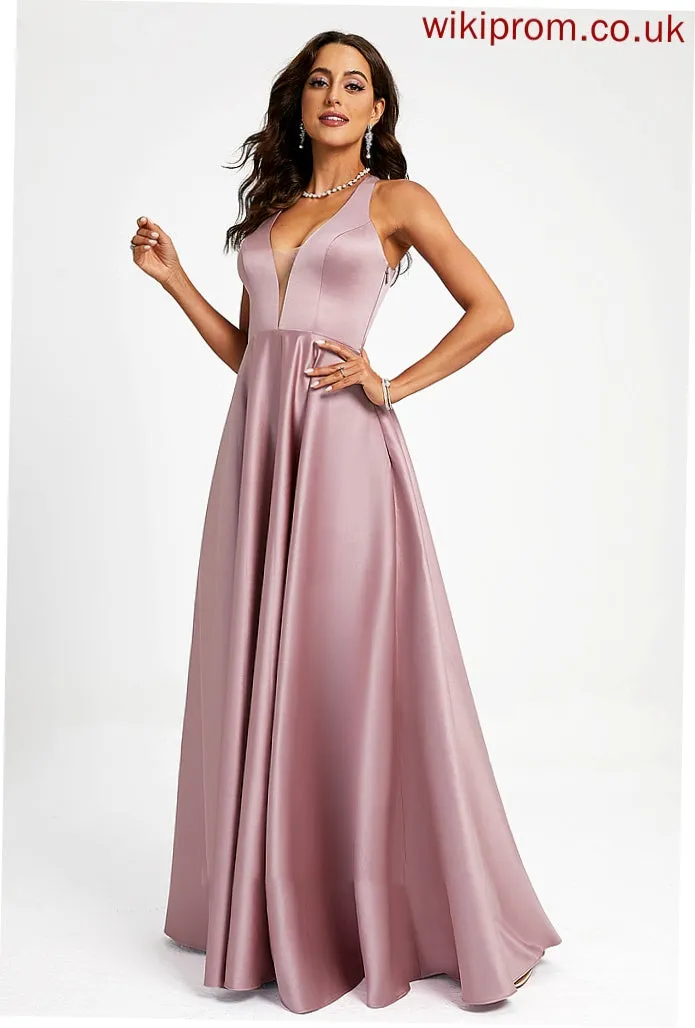 Satin Ina Floor-Length A-Line Prom Dresses V-neck