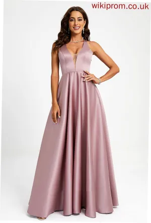 Satin Ina Floor-Length A-Line Prom Dresses V-neck